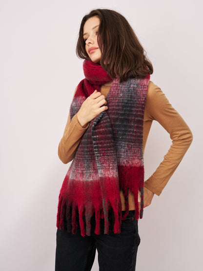 CHECK CHUNKY TASSEL SCARF - RED | Vintage Havana