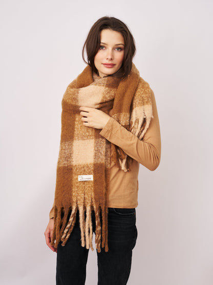 CHECK TASSEL SCARF - TAN | Vintage Havana