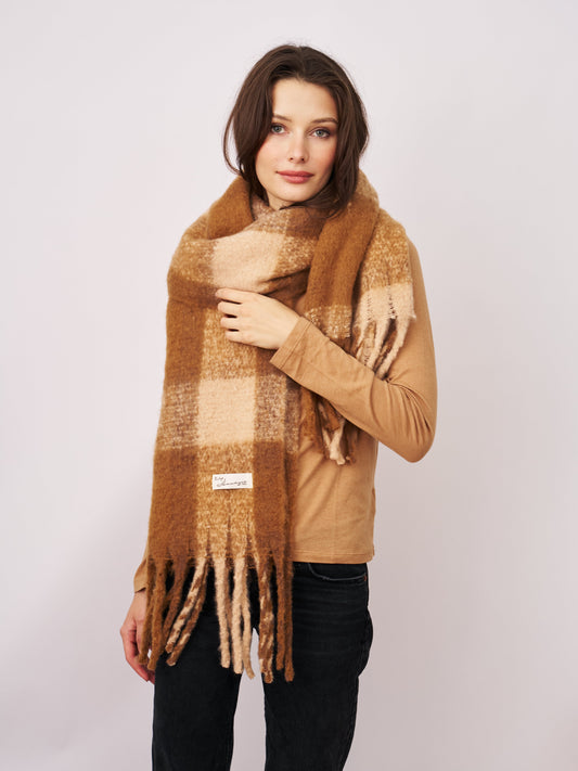 CHECK TASSEL SCARF - TAN | Vintage Havana