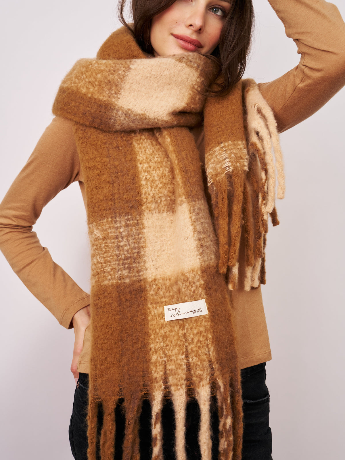 CHECK TASSEL SCARF - TAN | Vintage Havana
