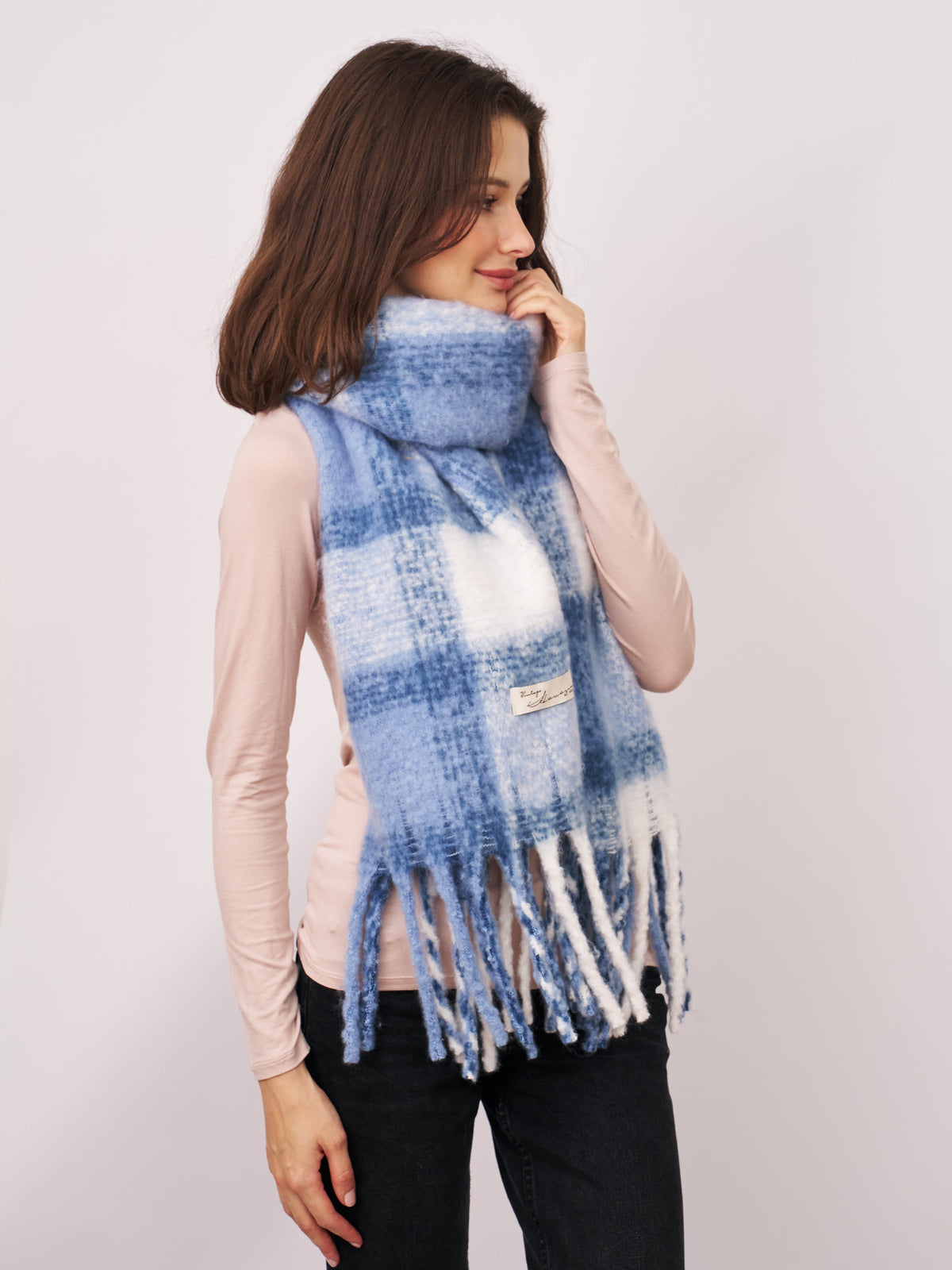 CHECK TASSEL SCARF - BLUE | Vintage Havana
