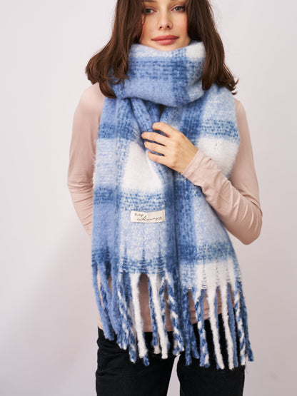 CHECK TASSEL SCARF - BLUE | Vintage Havana