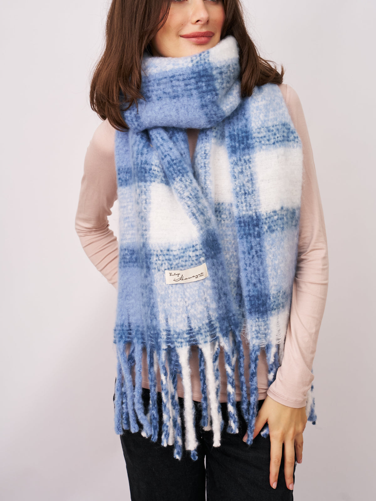 CHECK TASSEL SCARF - BLUE | Vintage Havana