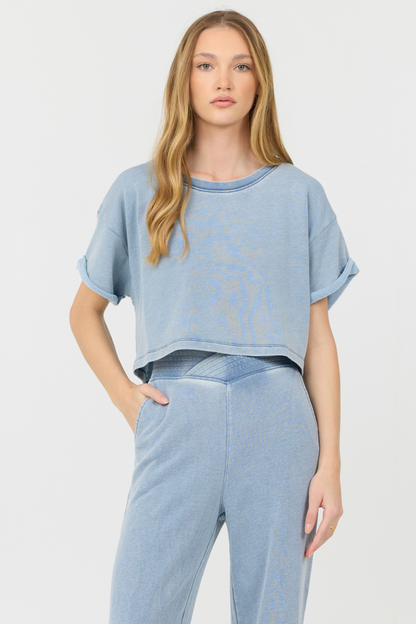 Washed Denim Terry Fleece Cropped Shirt | Vintage Havana