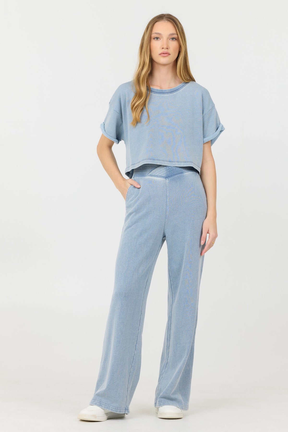 Washed Denim Terry Fleece Cropped Shirt | Vintage Havana