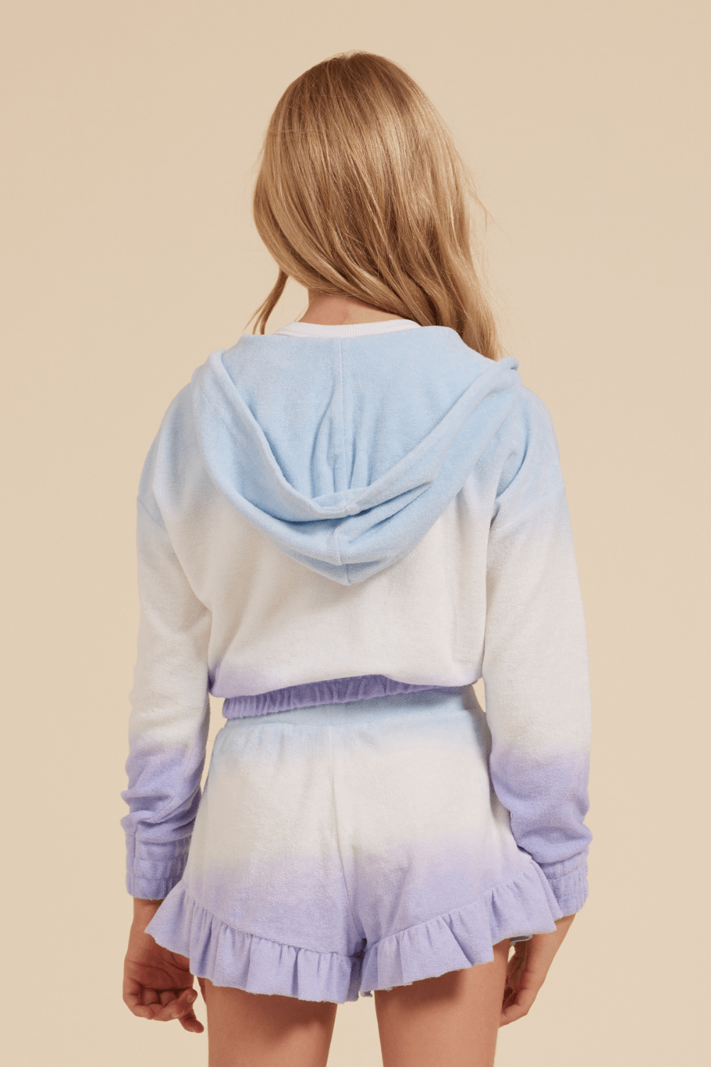 Blue/White/Lavender Tie Dye Terry Cloth Elastic Bottom Hoodie | Vintage Havana