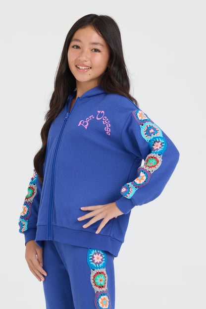 Kids Navy Cropped Full Zip Hoodie w/Crochet | Vintage Havana