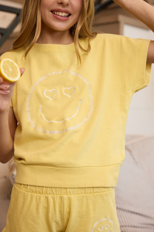 Kids Garment Dye Off Shoulder Top with Smile Embroidery | Vintage Havana