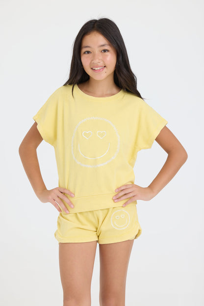 Kids Garment Dye Off Shoulder Top with Smile Embroidery | Vintage Havana