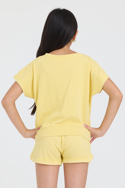 Kids Garment Dye Off Shoulder Top with Smile Embroidery | Vintage Havana