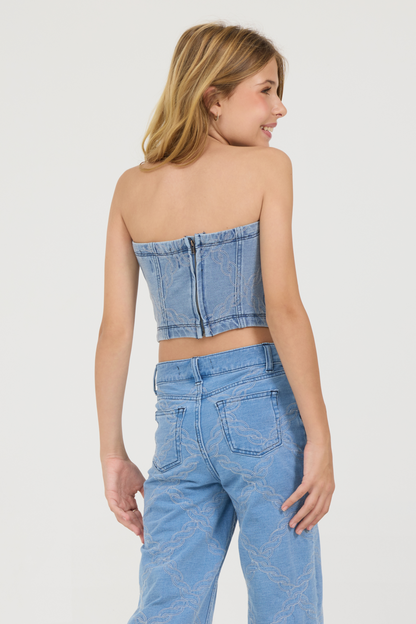 Kids Denim Blue Rope Stitch Strapless Bodice Top | Vintage Havana