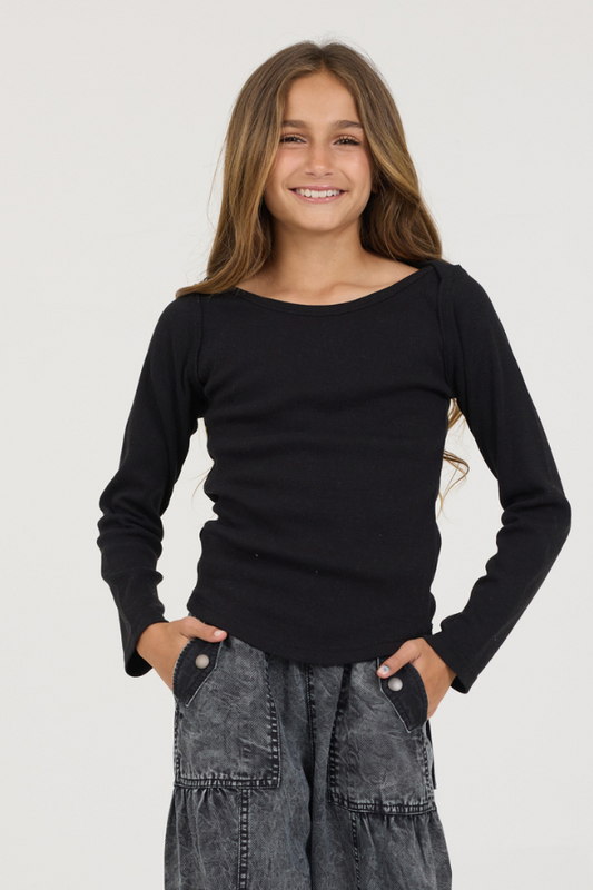 Kids Black Boatneck Ribbed Tee | Vintage Havana