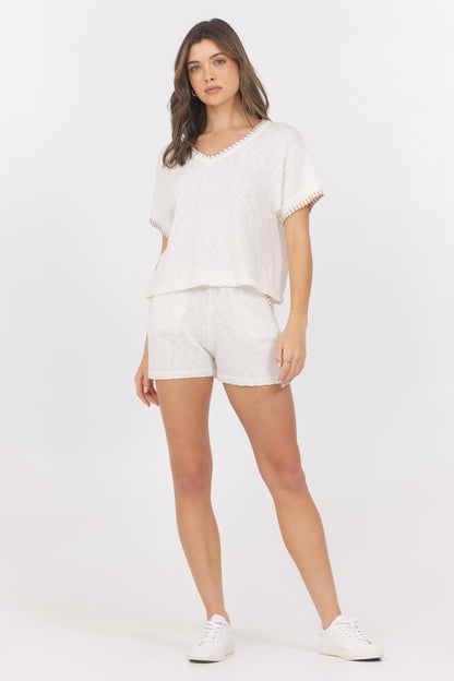 White Summer Sand Short Sleeve Sweater w/ Whipstitch | Vintage Havana