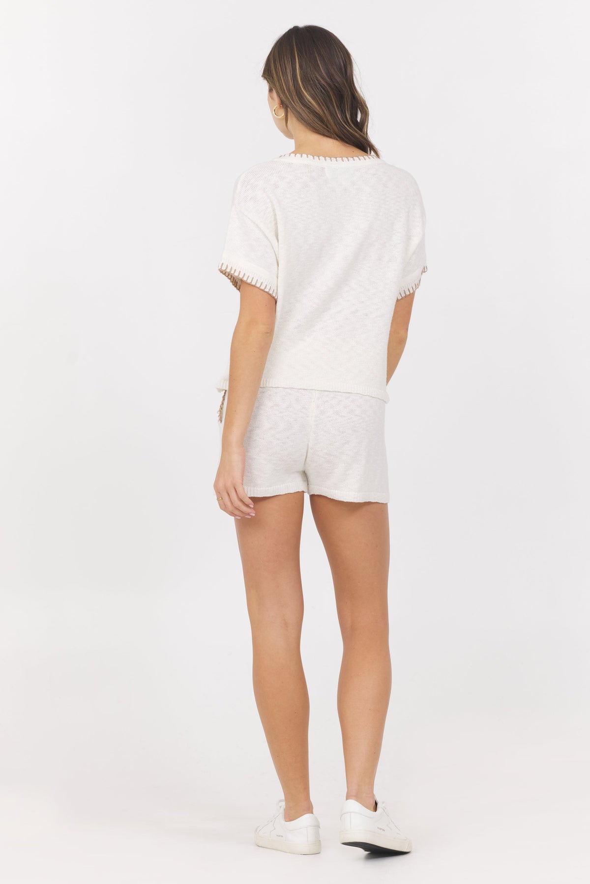 White Summer Sand Short Sleeve Sweater w/ Whipstitch | Vintage Havana