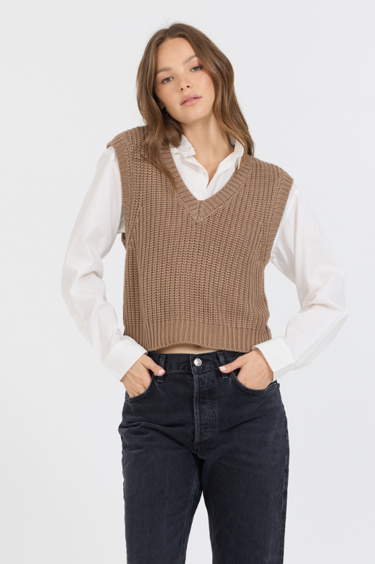Toffee W/ White Twofer Cropped Sweater Vest | Vintage Havana