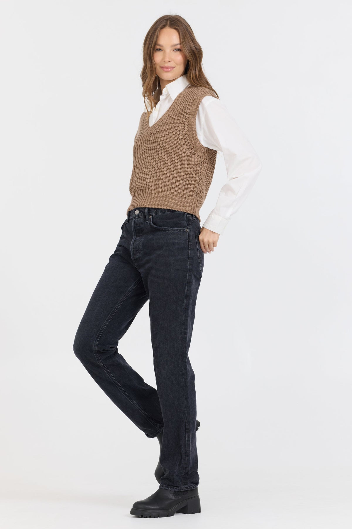 Toffee W/ White Twofer Cropped Sweater Vest | Vintage Havana