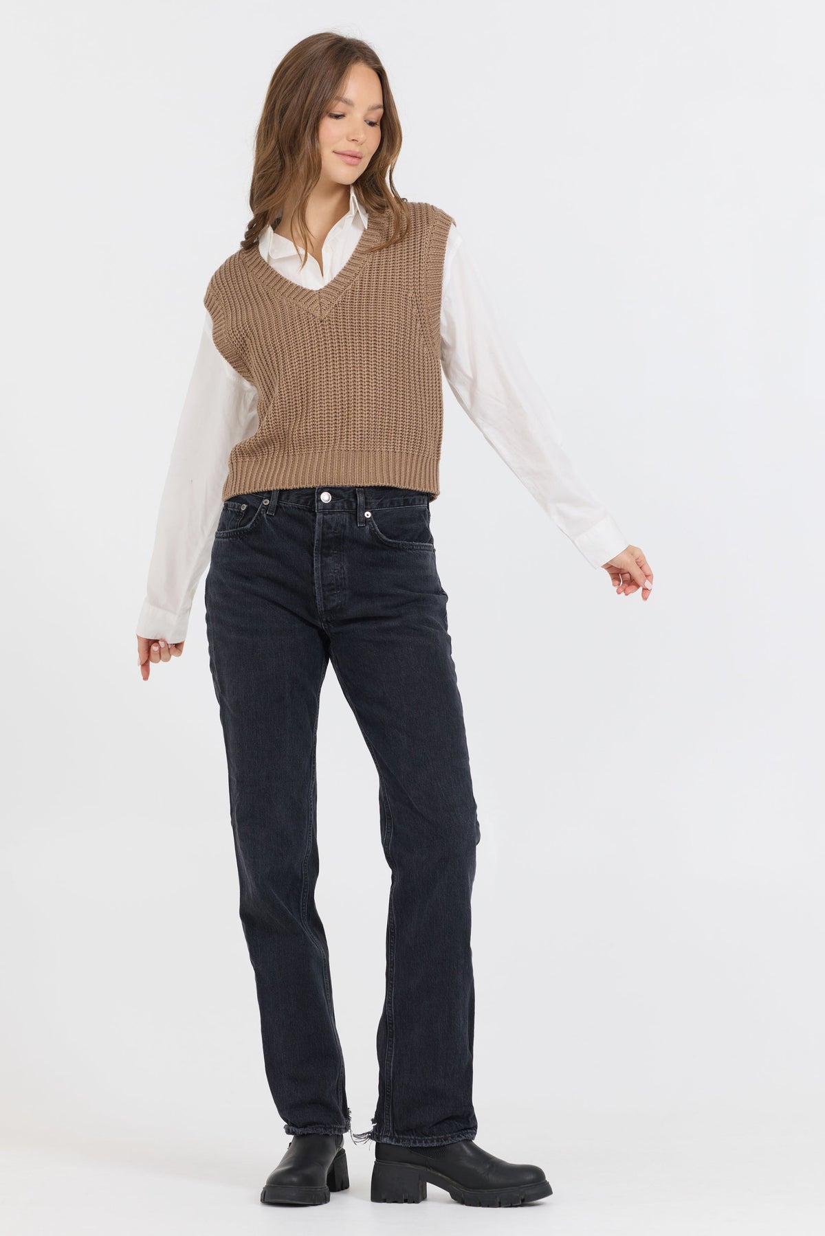 Toffee W/ White Twofer Cropped Sweater Vest | Vintage Havana