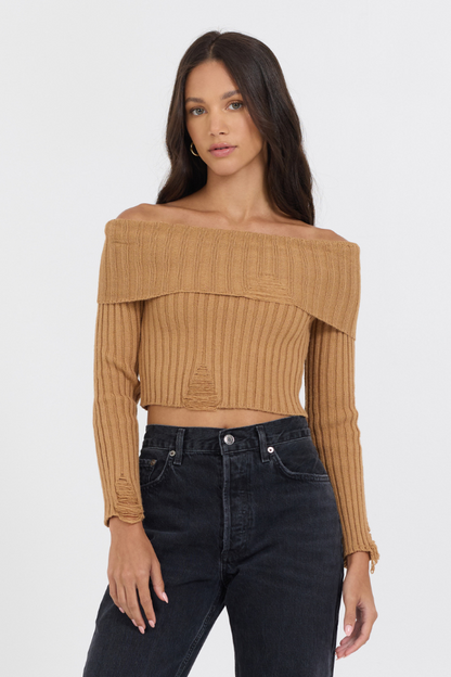 Caramel Distressed Off Shoulder Sweater | Vintage Havana