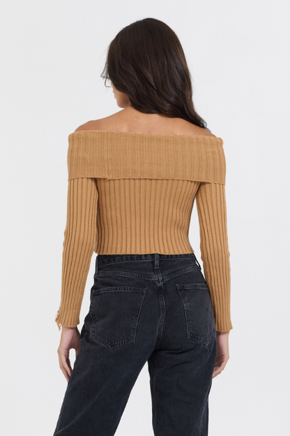 Caramel Distressed Off Shoulder Sweater | Vintage Havana