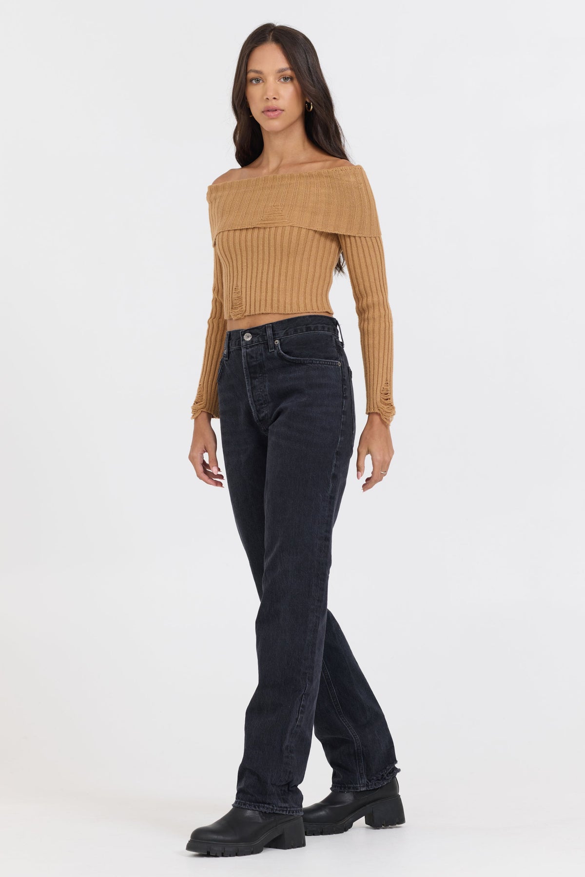 Caramel Distressed Off Shoulder Sweater | Vintage Havana