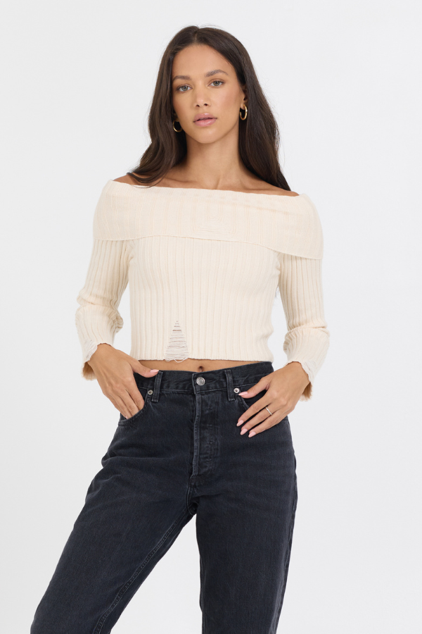Ivory Distressed Off Shoulder Sweater | Vintage Havana