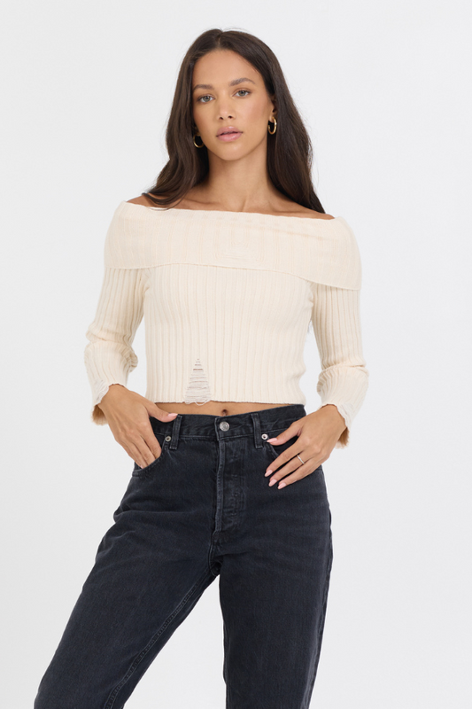 Ivory Distressed Off Shoulder Sweater | Vintage Havana
