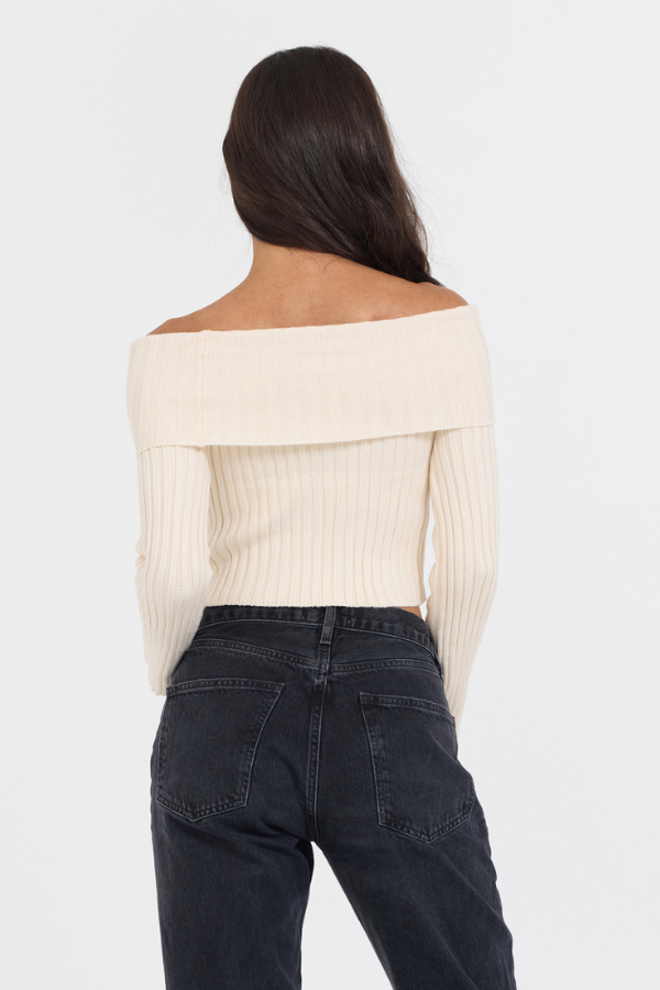 Ivory Distressed Off Shoulder Sweater | Vintage Havana