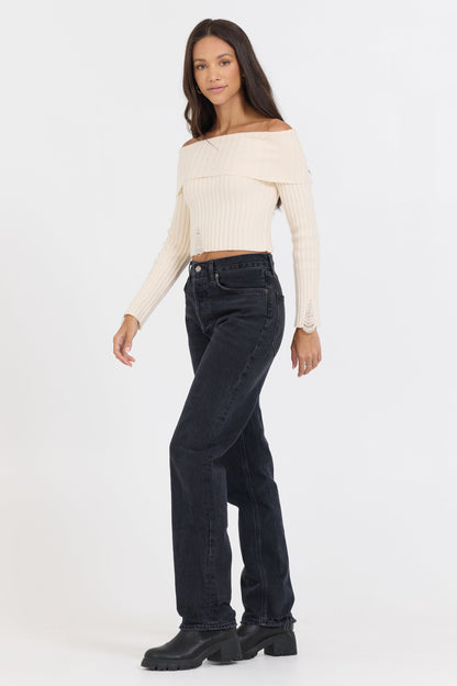 Ivory Distressed Off Shoulder Sweater | Vintage Havana