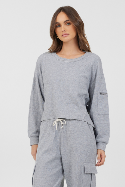 Heather Grey Bounded Textured Jersey Utility Crewneck | Vintage Havana