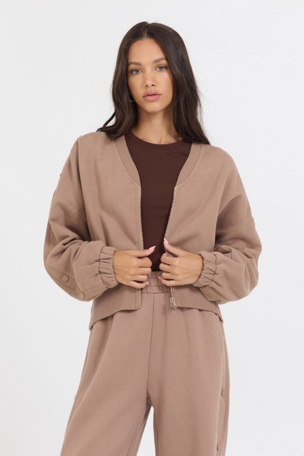 Caramel Latte Brushed Fleece Zip Up W/ Snap Sleeves | Vintage Havana