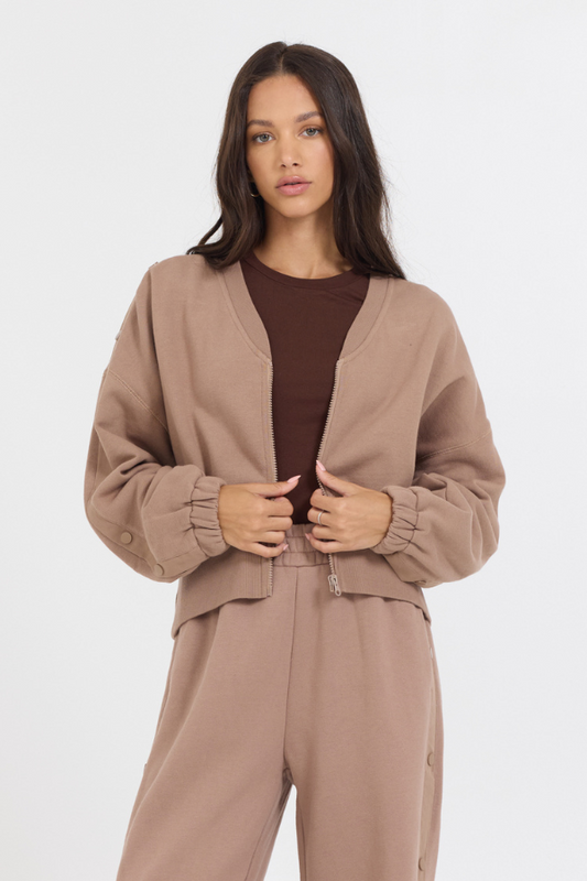 Caramel Latte Brushed Fleece Zip Up W/ Snap Sleeves | Vintage Havana