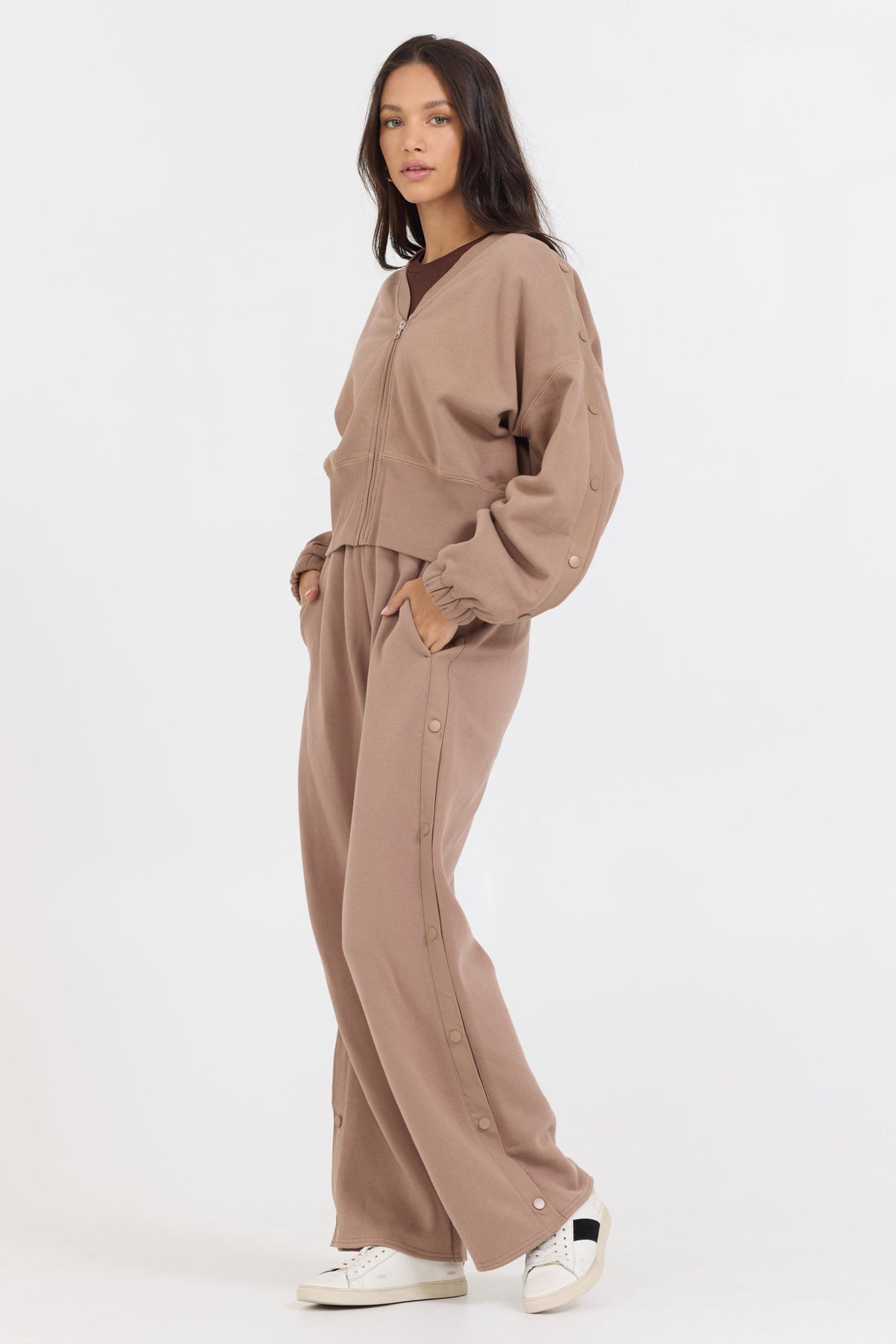 Caramel Latte Brushed Fleece Zip Up W/ Snap Sleeves | Vintage Havana