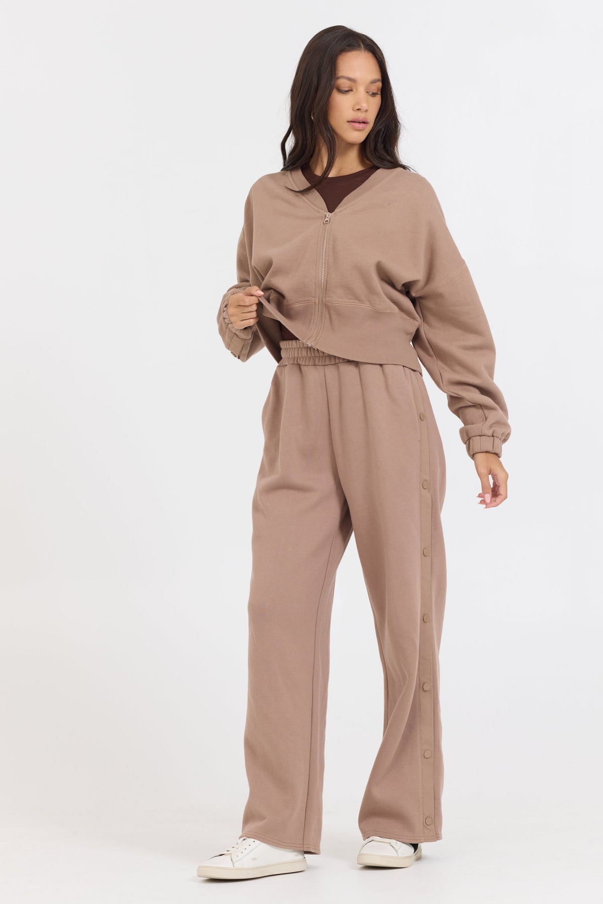 Caramel Latte Brushed Fleece Zip Up W/ Snap Sleeves | Vintage Havana
