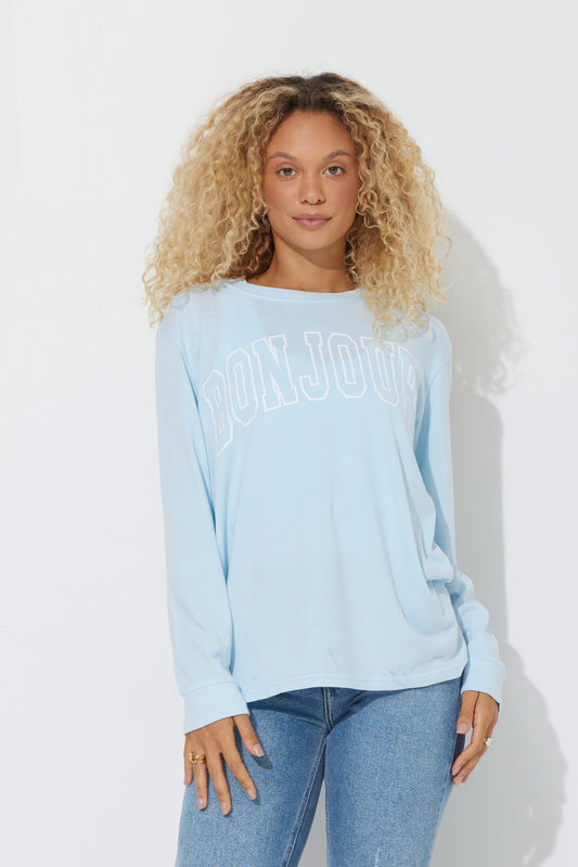 Sky Blue "Bonjour" Pigment Dyed Long Sleeve Tee | Vintage Havana