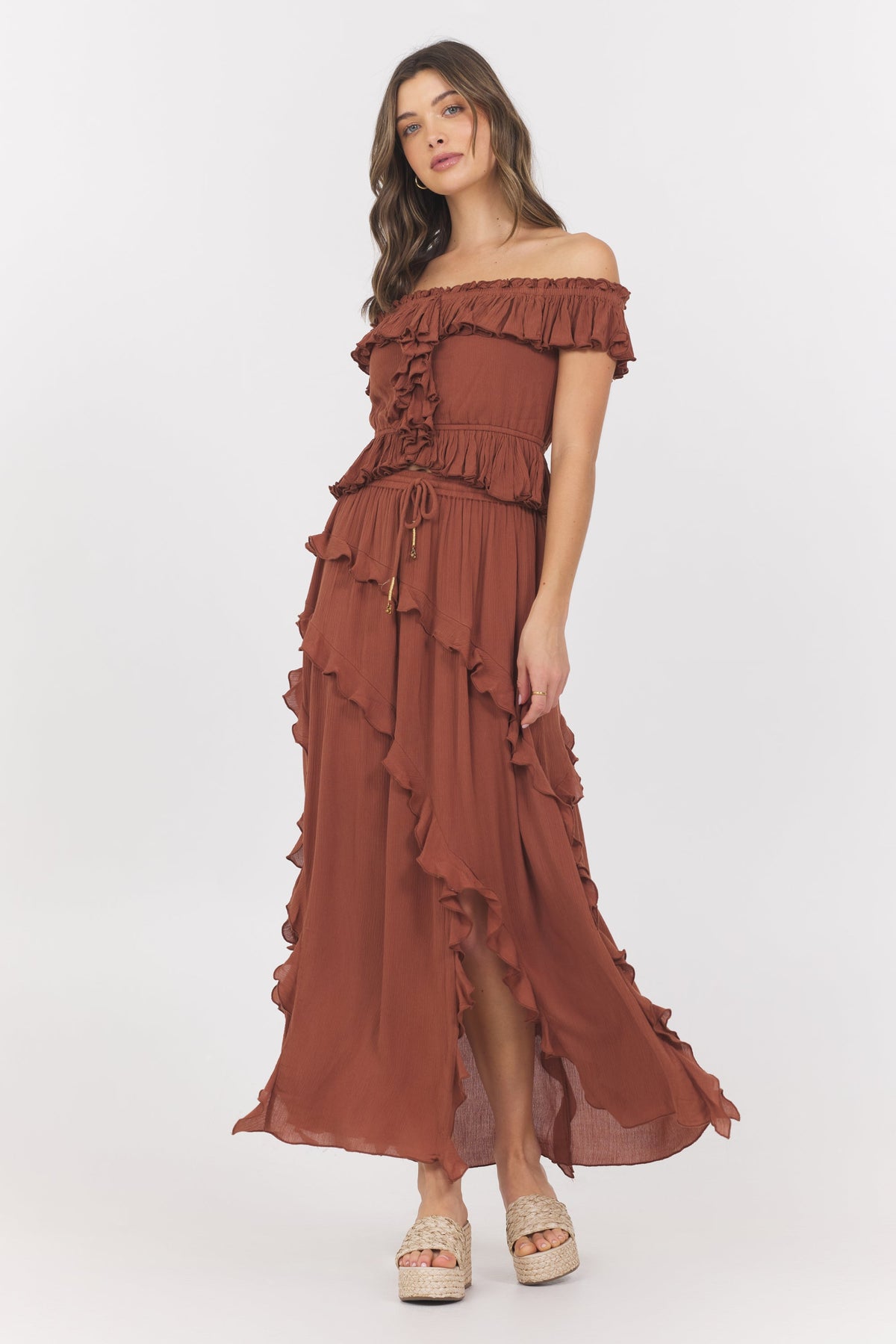 Sedona Sand Ruffle Off Shoulder Top | Vintage Havana