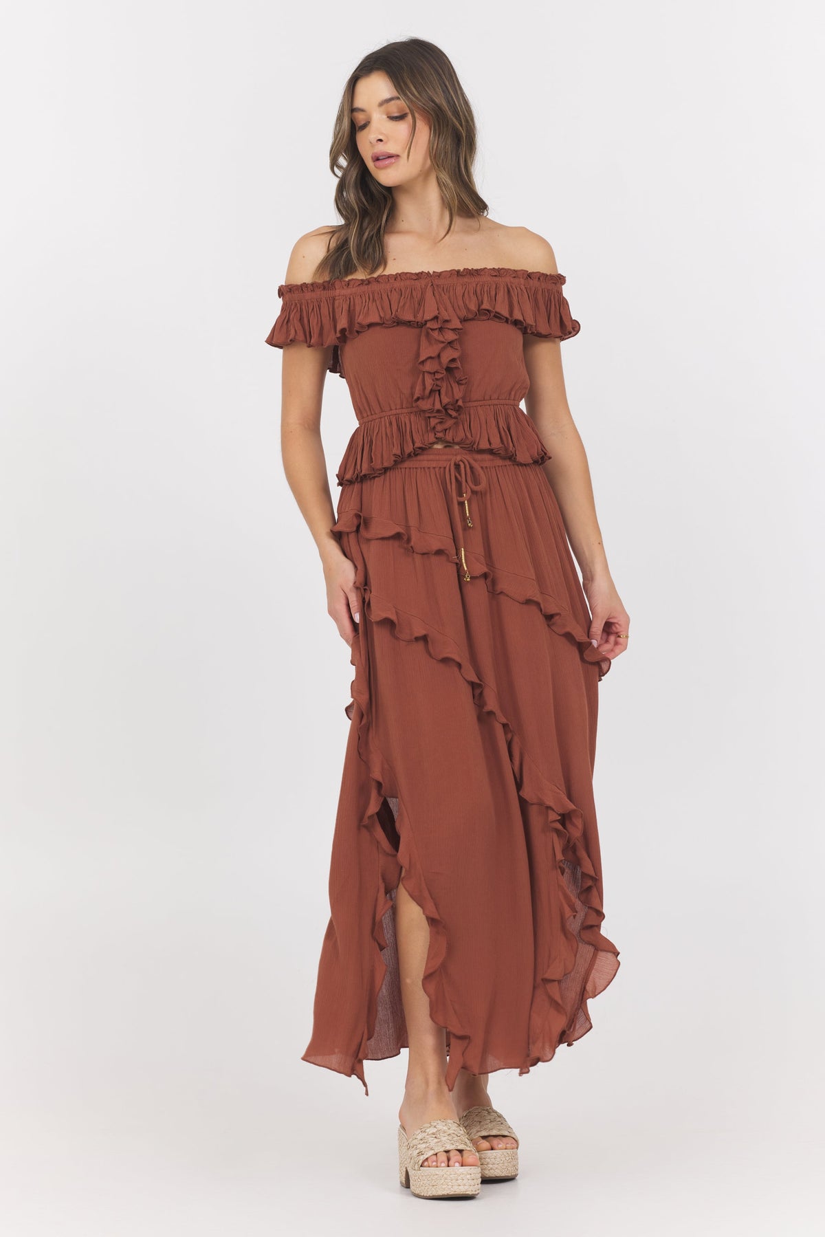 Sedona Sand Ruffle Off Shoulder Top | Vintage Havana
