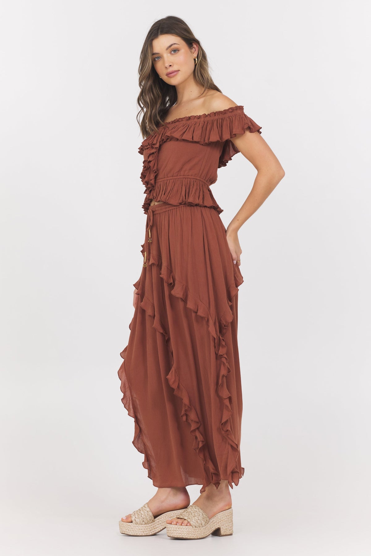 Sedona Sand Ruffle Off Shoulder Top | Vintage Havana