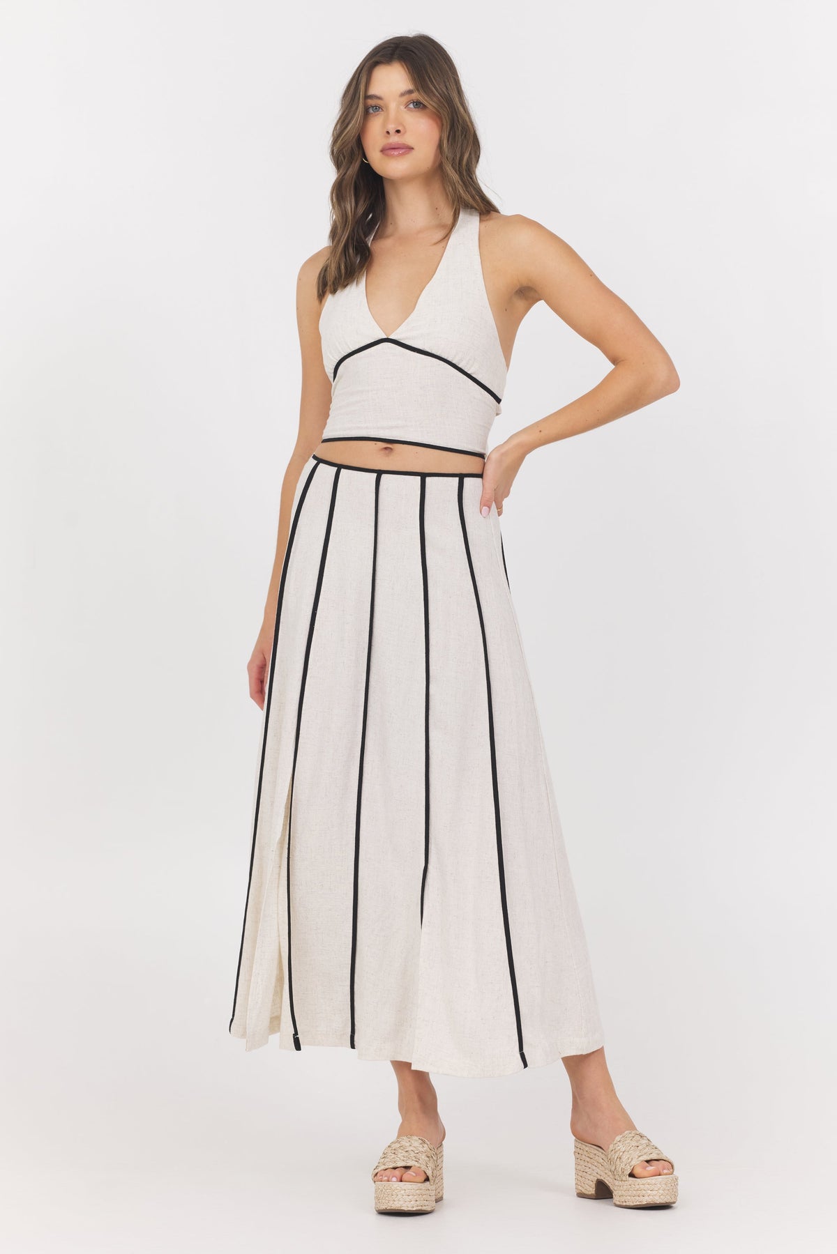 Linen Blend Halter Top w/ Piping | Vintage Havana