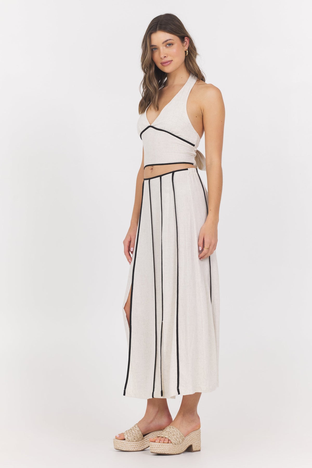 Linen Blend Halter Top w/ Piping | Vintage Havana
