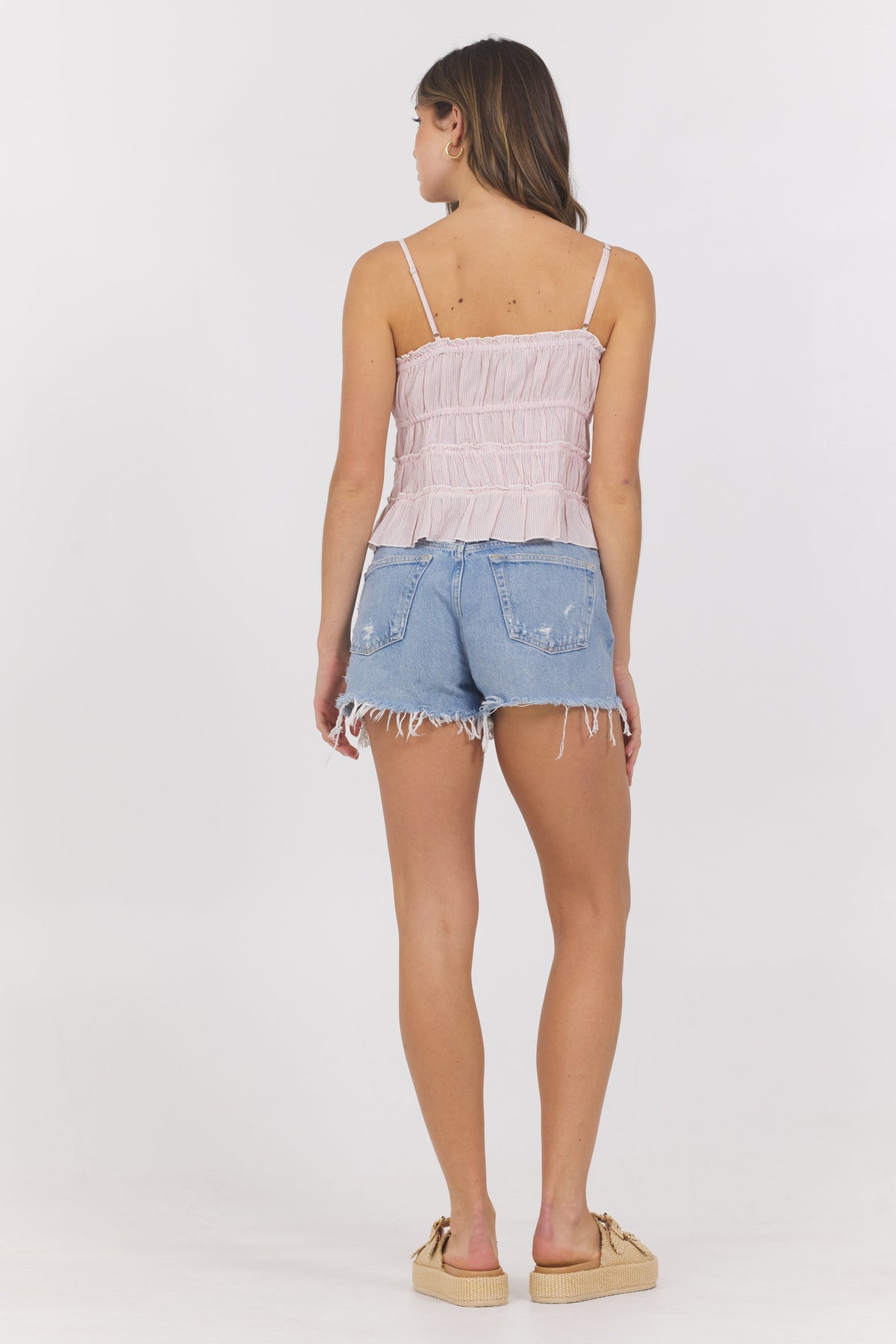 Strawberry Pinstripe Woven Ruffle Top | Vintage Havana