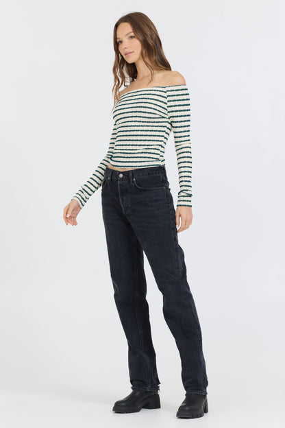 Ivory Green Fitted Off The Shoulder Top | Vintage Havana