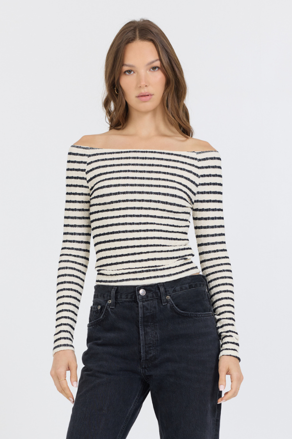 Ivory Black Fitted Off The Shoulder Top | Vintage Havana