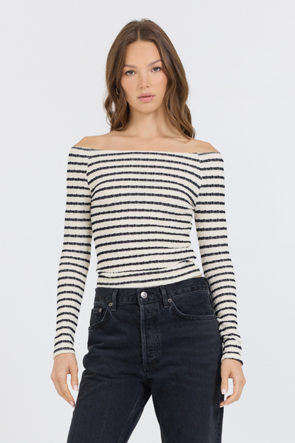 Ivory Black Fitted Off The Shoulder Top | Vintage Havana