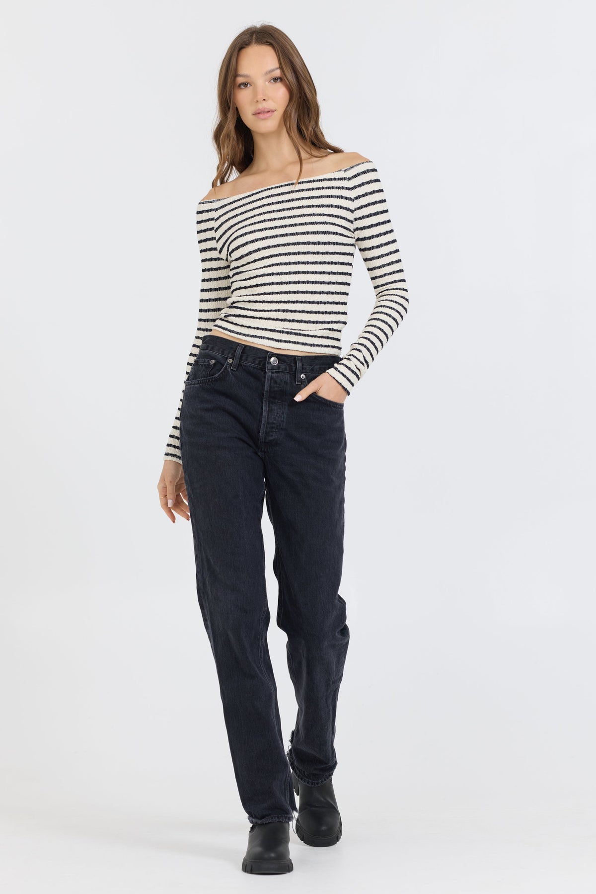 Ivory Black Fitted Off The Shoulder Top | Vintage Havana