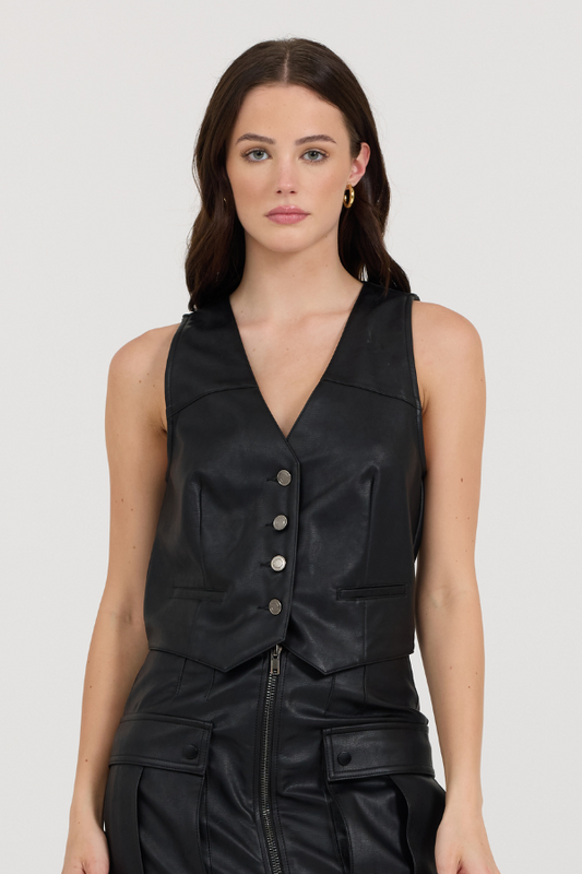 Black Leather Button Front Vest | Vintage Havana