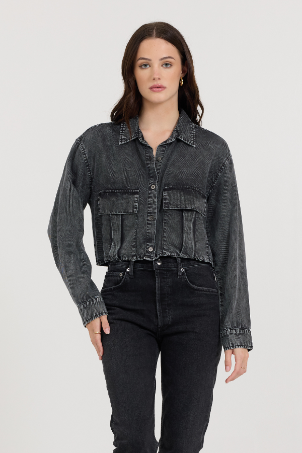 Washed Black Cropped Pocket Detail Shirt | Vintage Havana