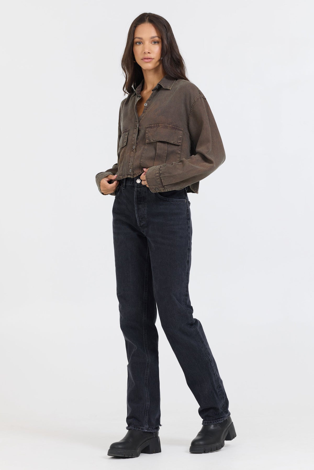 Brown Cropped Pocket Detail Shirt | Vintage Havana