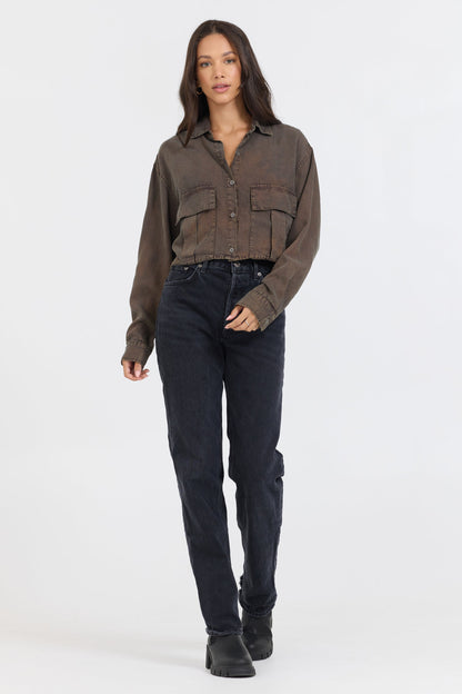 Brown Cropped Pocket Detail Shirt | Vintage Havana