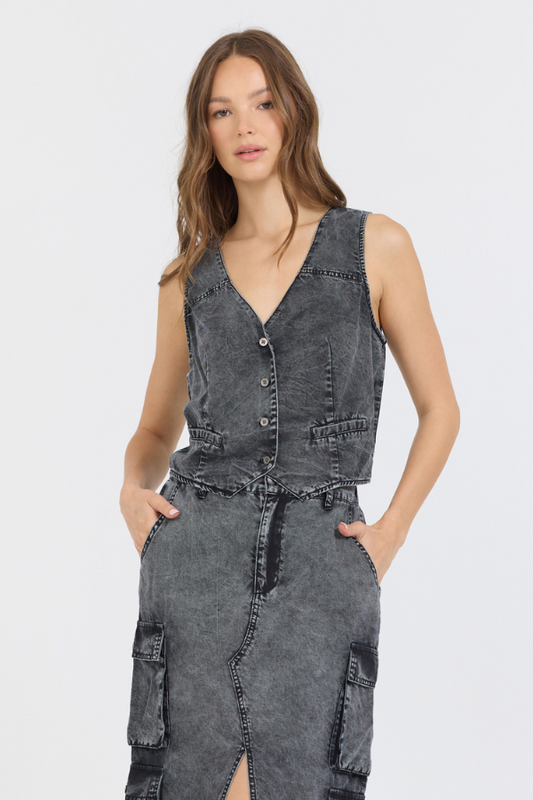 Washed Black Twill Button Front Vest Top | Vintage Havana