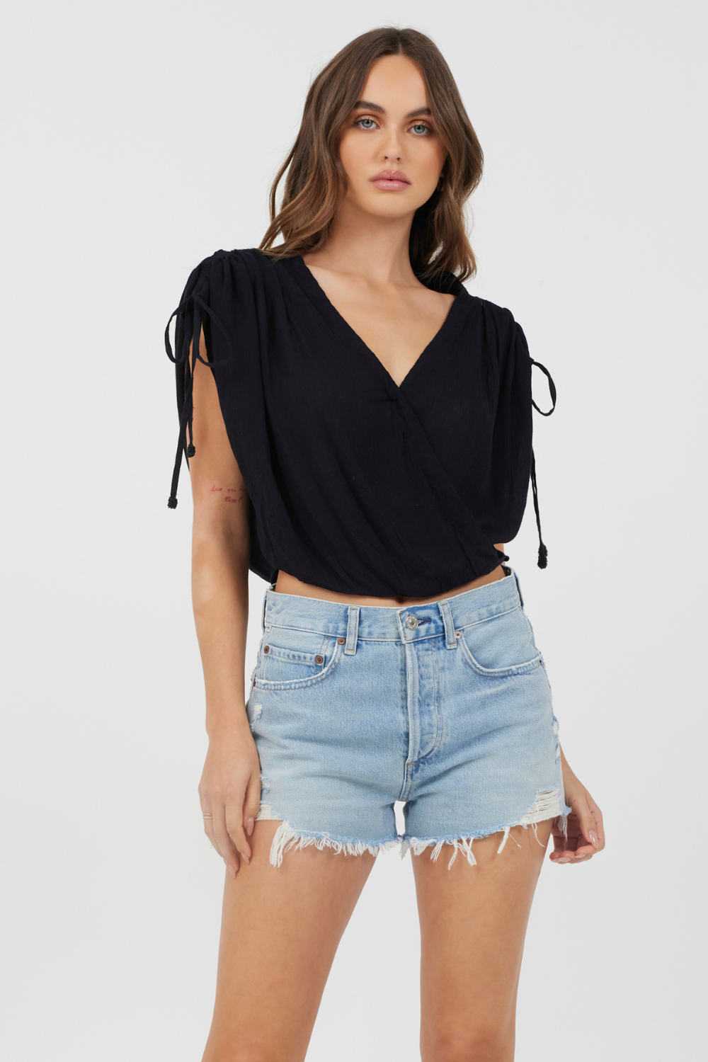 Black Rayon Crinkle Surplice Top | Vintage Havana